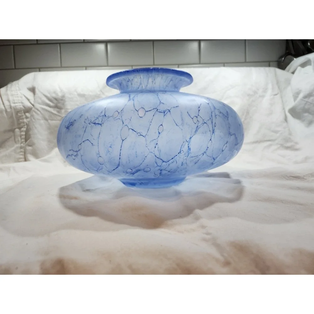 Vintage Aqua Blue Art Glass White Vase 7